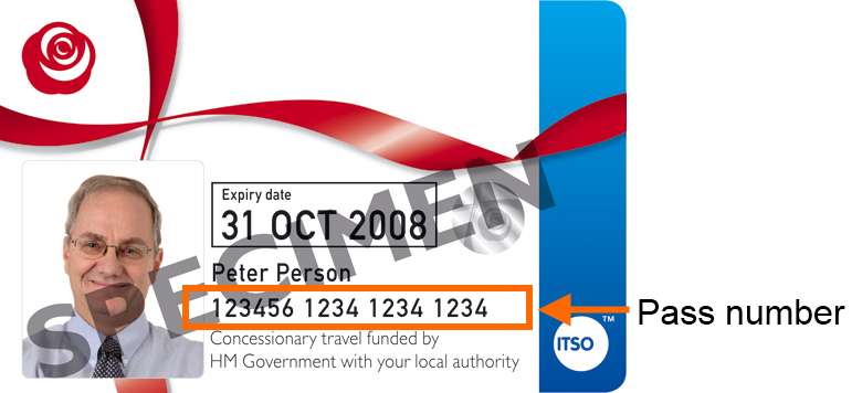Sample image of the front of the bus pass highlighting the 18 digit bus pass number is across the bottom half of the pass